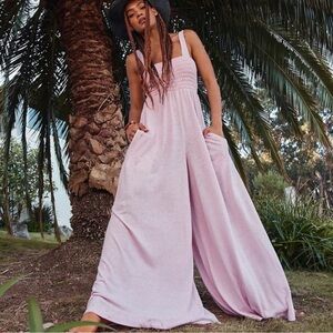 Free People Homecoming Pink Linen Knit Smocked Wide Leg One Piece Jumpsuit - L